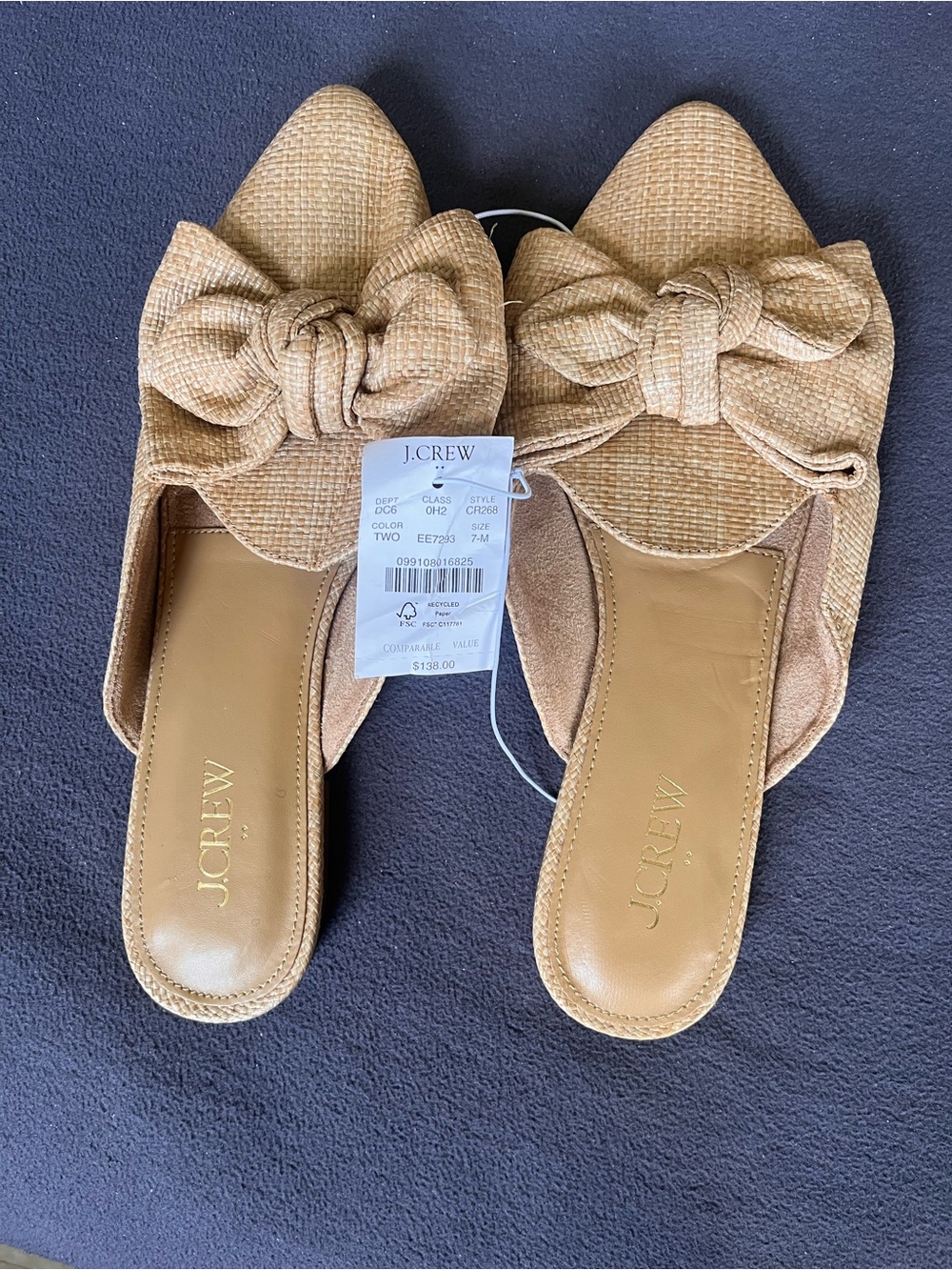 J. Crew Tan Bow Pointed-Toe Slide Mules